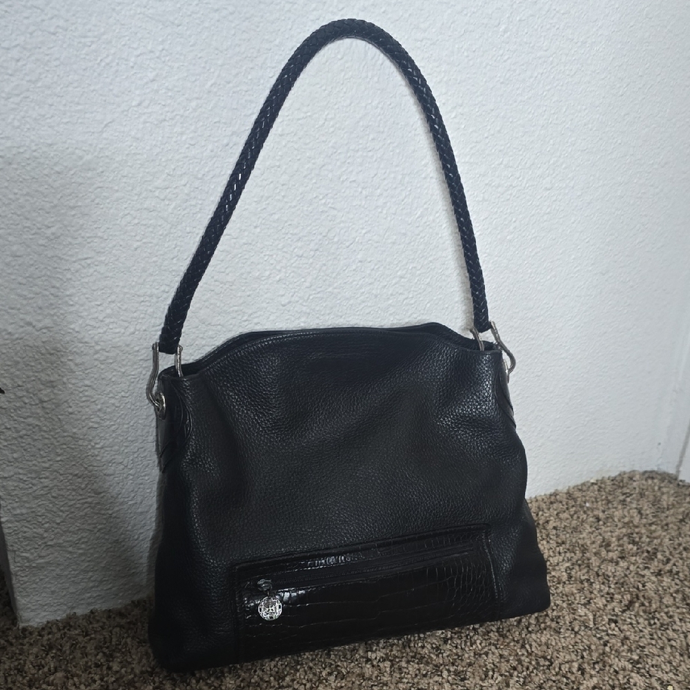 Brighton Black Pebbled Leather W/ Crocodile-Embossed Trim Shoulder Bag (EUC)🖤🩶